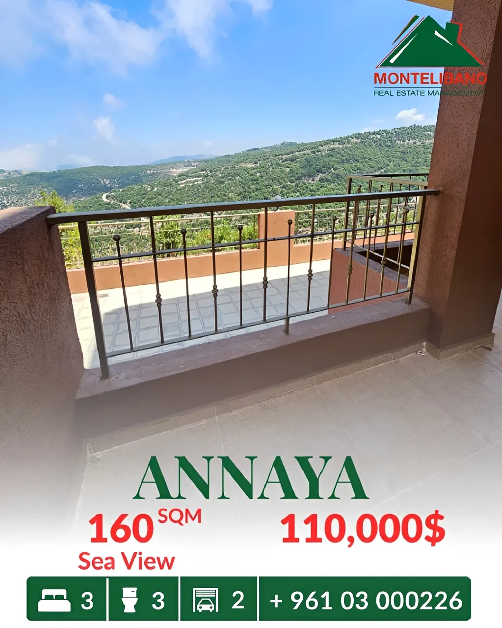 Apartment for sale in Aannaya, Lebanon - 3 bed, 3 bath
