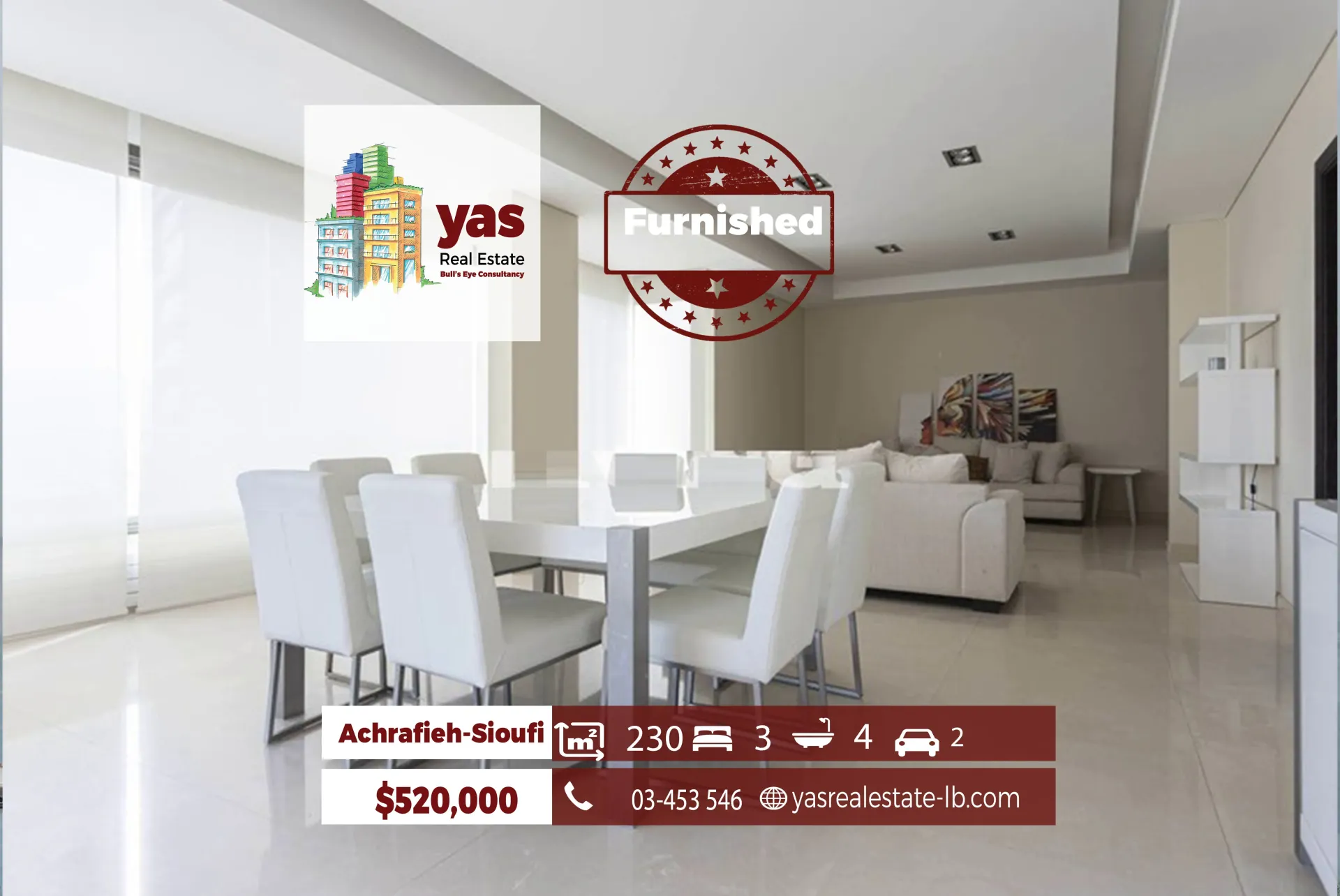Apartment for Sale in Achrafieh - 3 bed, 4 bath