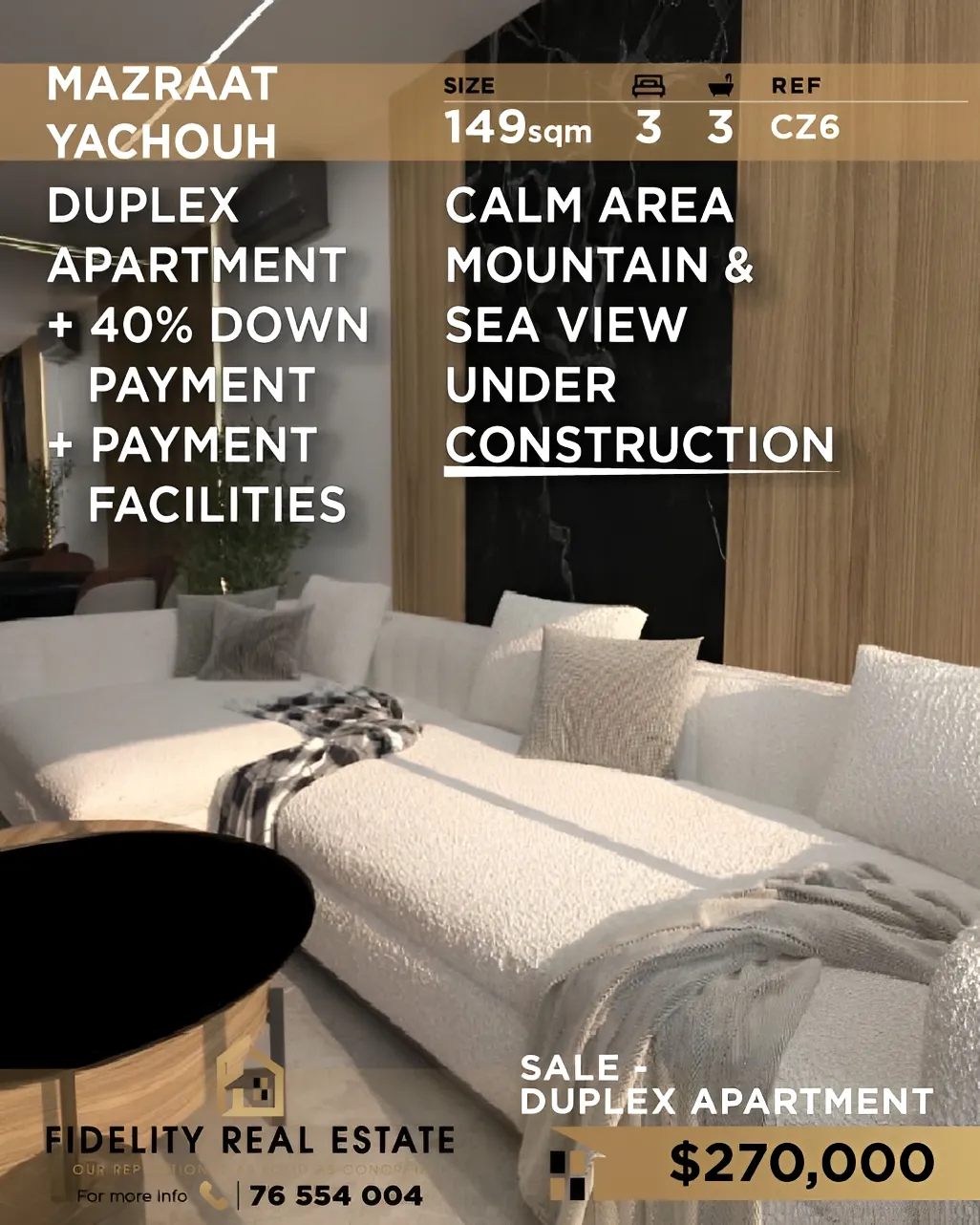 Apartment for sale in Mazraat Yachoua, Lebanon - 3 bed, 3 bath