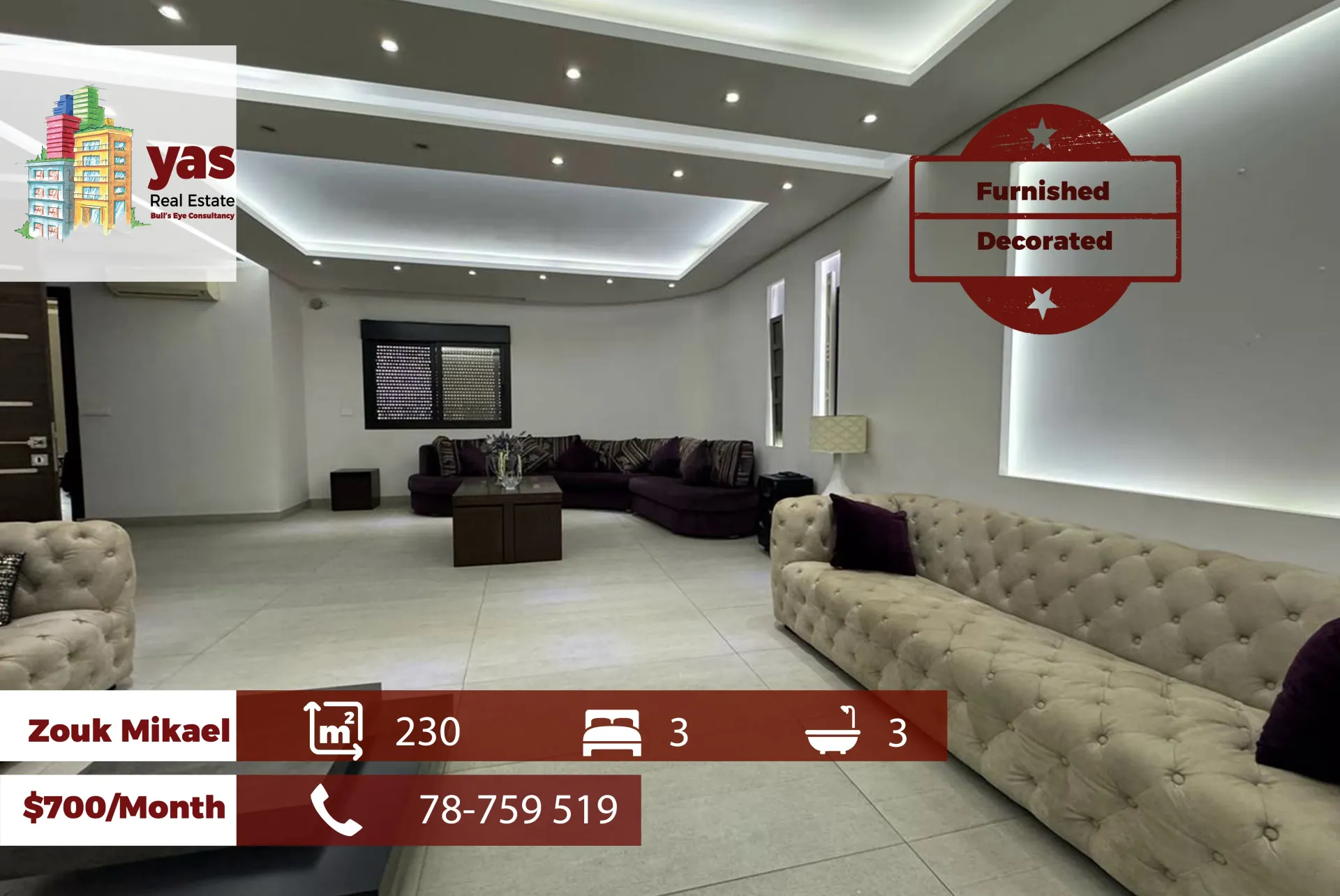 Apartment for Rent in Zouk Mikael - 3 bed, 3 bath