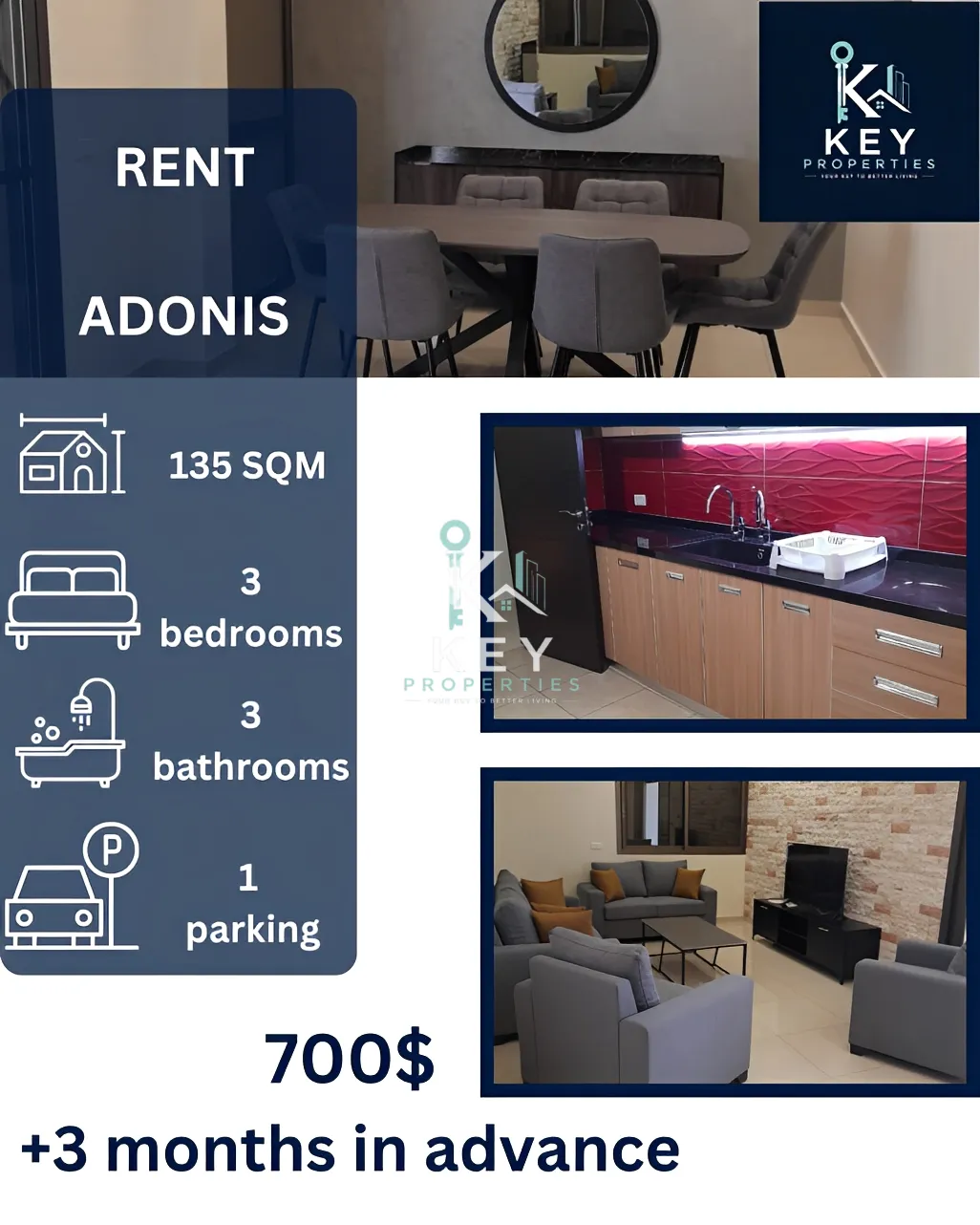 Apartment for rent in Adonis Kesrouane, Lebanon - 3 bed, 3 bath