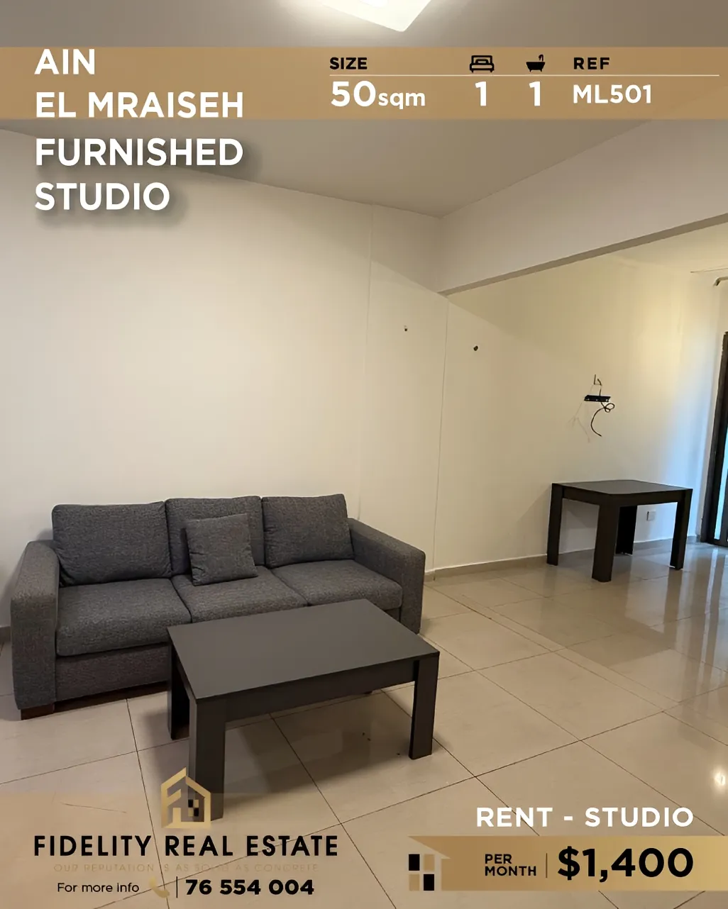 Studio for Rent in Ain Al Mraiseh, Beirut, Lebanon - 1 bed, 1 bath