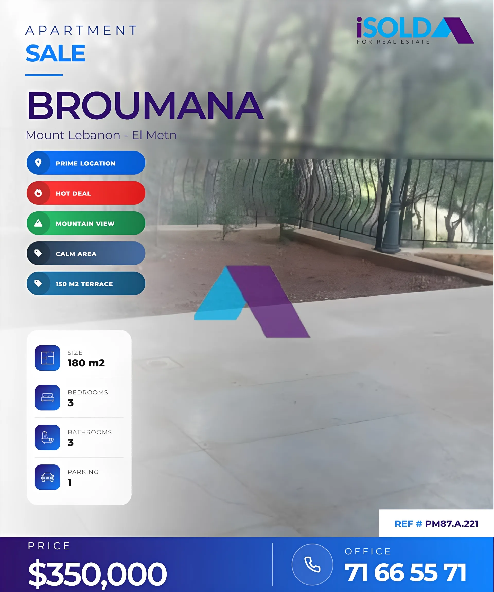 Apartment for Sale in Broummana - 3 bed, 3 bath