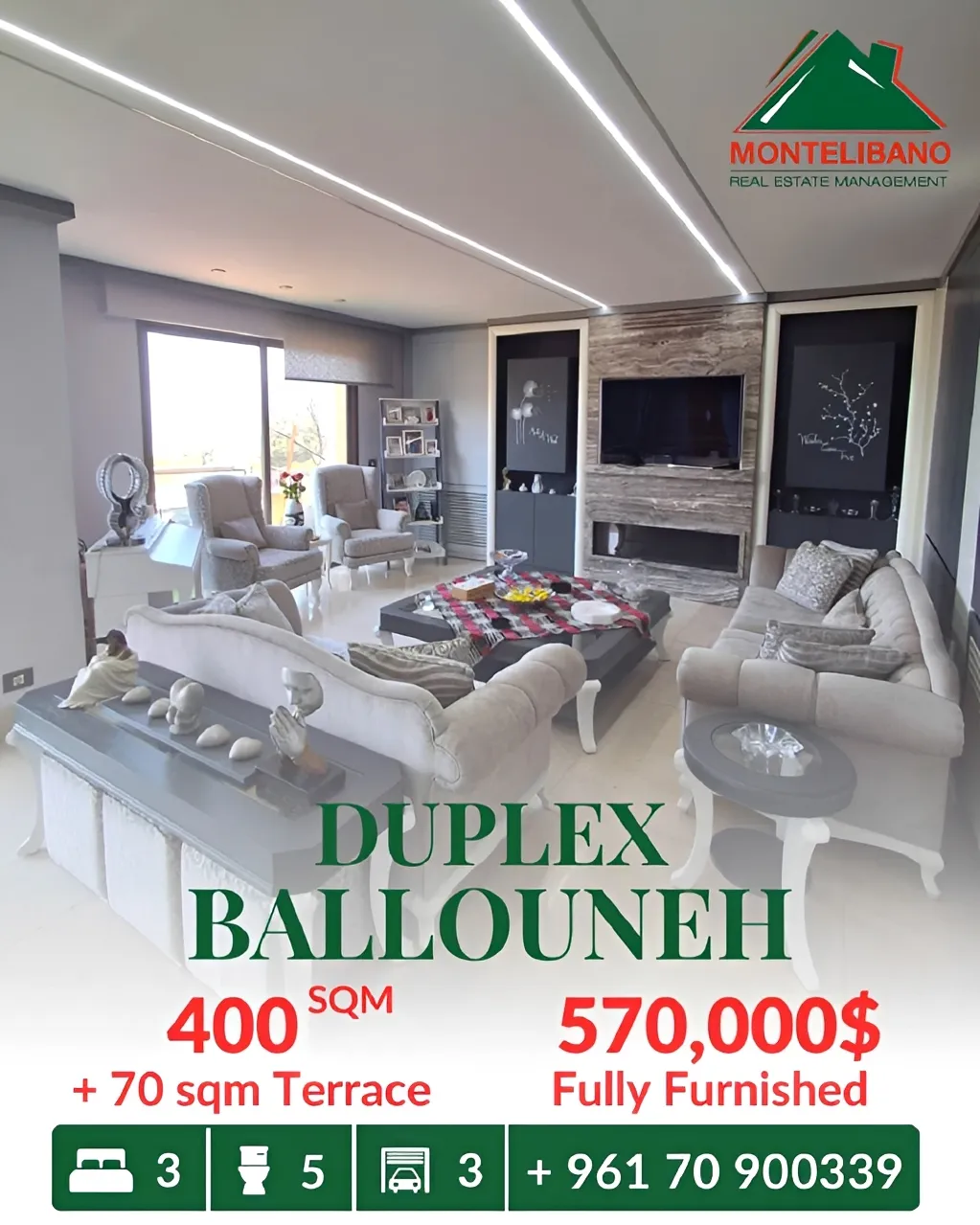 Duplex for sale in Ballouneh, Lebanon - 3 bed, 5 bath