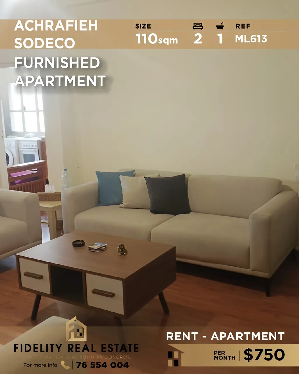 Apartment for rent in Sodeco, Beirut, Lebanon - 2 bed, 1 bath
