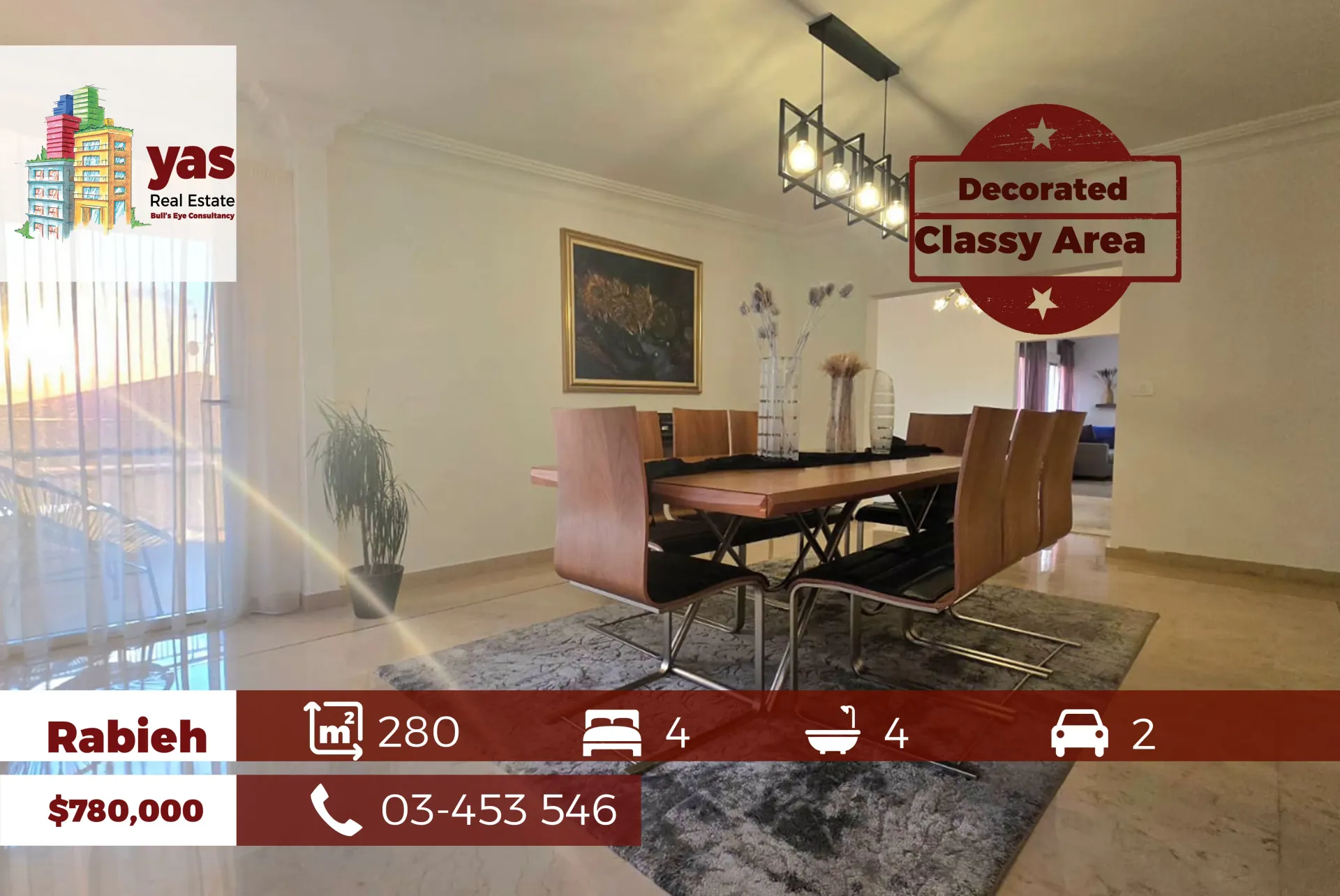 Apartment for Sale in Rabieh - 4 bed, 4 bath